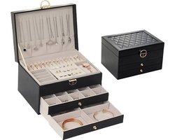 Sieradendoos met lades en slot zwart CARA DIAMANT zwart dames - GALEARA DESIGN® - Sieradendoosje voor volwassenen leder - Sieradenopbergdoos leer