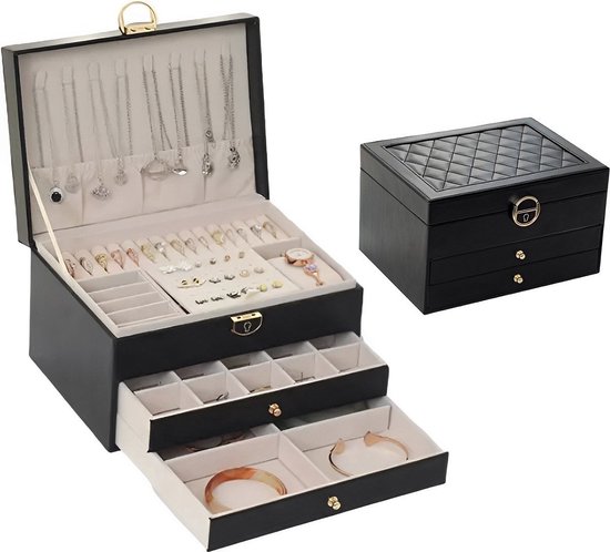 Sieradendoos met lades en slot zwart CARA DIAMANT zwart dames - GALEARA DESIGN® - Sieradendoosje voor volwassenen leder - Sieradenopbergdoos leer