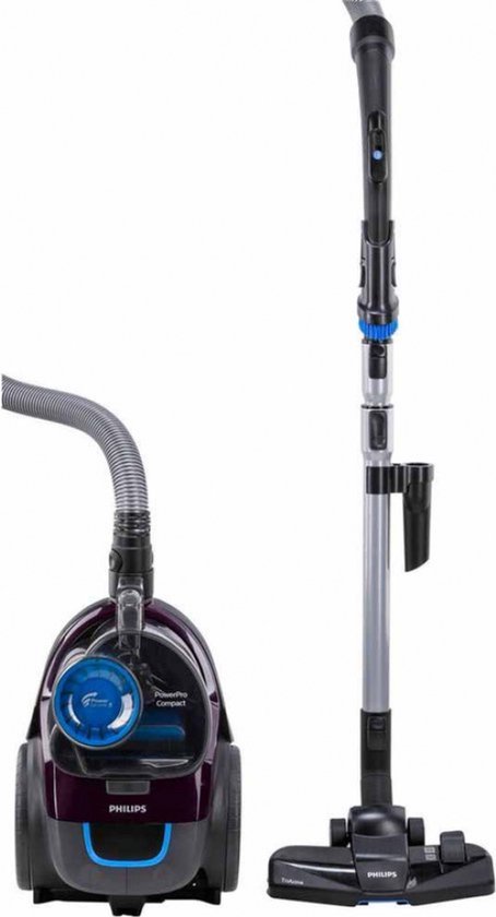 Aspirateur violet Philips et son manche séparé avec brosse, sur fond blanc.