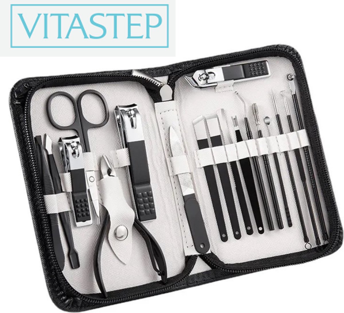Goedkoopste VitaStep 18-delige Professionele Manicure Set & Pedicure set met Nagelvijl & Nageltang – Nagelset met Nagelschaartje & Huidverzorging – Luxe Etui - Nagelknipper
