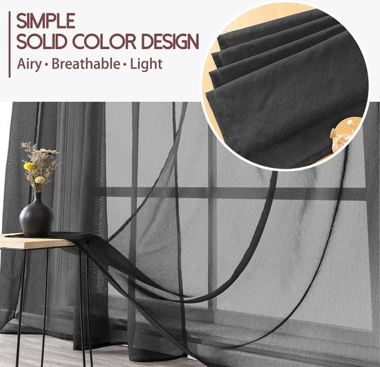 PolkaHome Voilage, tissu voile, semi-transparent, court, avec anneaux perforés, aspect lin, pour salon, chambre à coucher, chambre d'enfant, noir, 160 x 140 cm (hxl), ensemble de 2 pièces