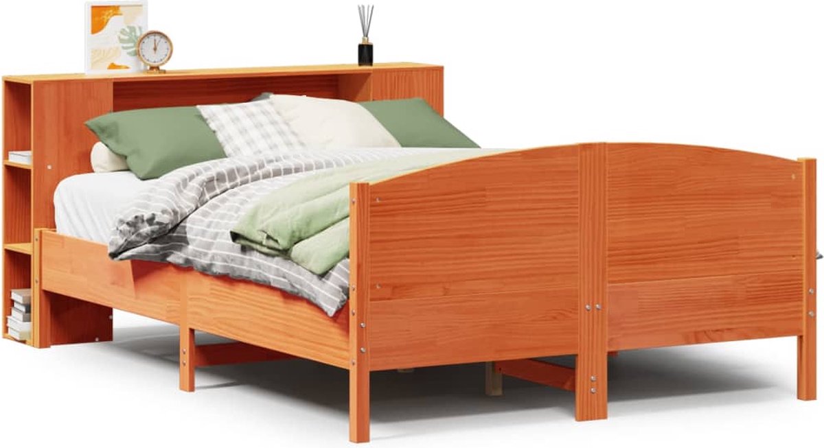 vidaXL - Bed - met - boekenkast - zonder - matras - grenenhout - wasbruin - 150x200 - cm