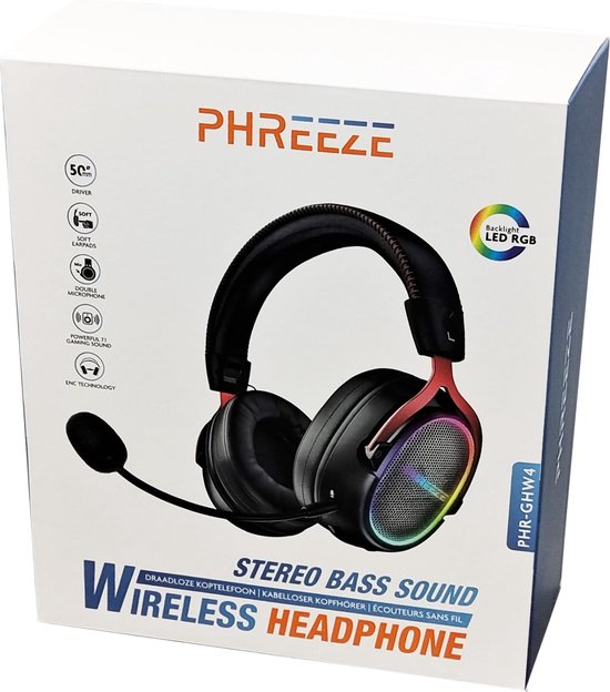 Verpakking van de Phreeze draadloze gaming headset met RGB-verlichting, 7.1 surround sound.
