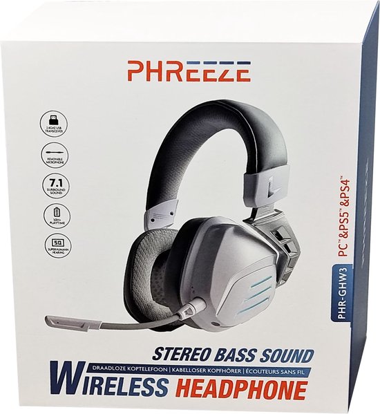 Phreeze GHW3 draadloze gaming headset op de verpakking, met iconen voor 7.1 surround sound en lange batterijduur.