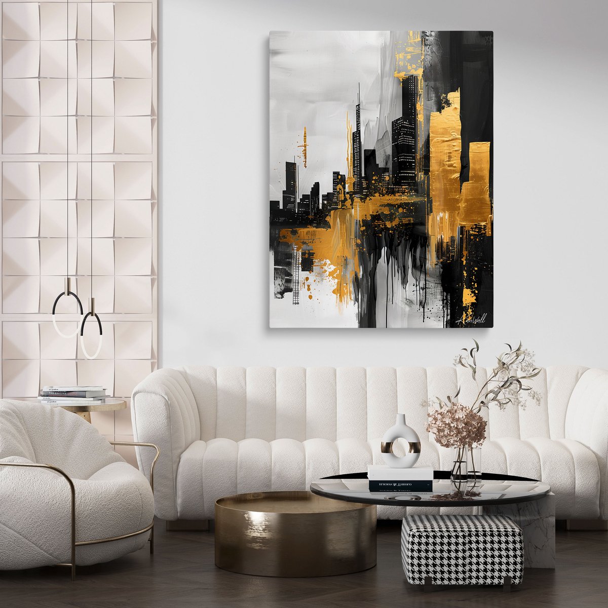 Luxe Canvas Schilderij Cityscape of Gold | 100x75 cm | Woonkamer | Slaapkamer | Kantoor | Muziek | Design | Art | Modern | ** 4CM DIK!