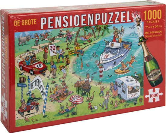 La Grande Puzzel de la Retraite, 1000 pièces, 75x50cm, avec une illustration de retraités profitant de leur temps libre.