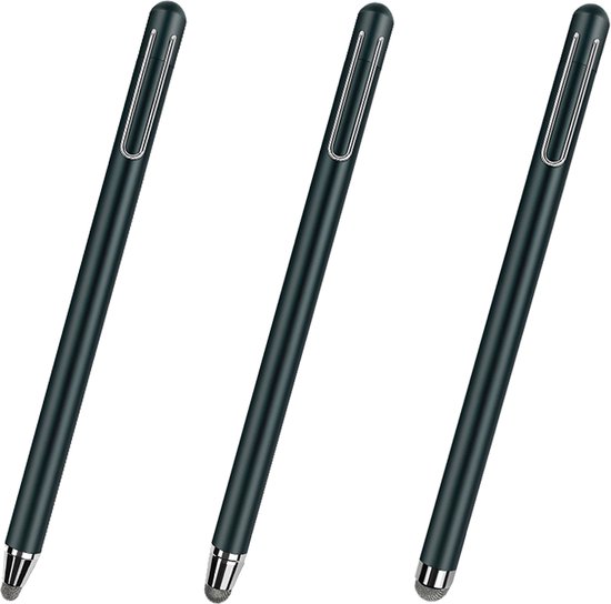 Drie donkergroene stylus pennen met clips op zwarte achtergrond.