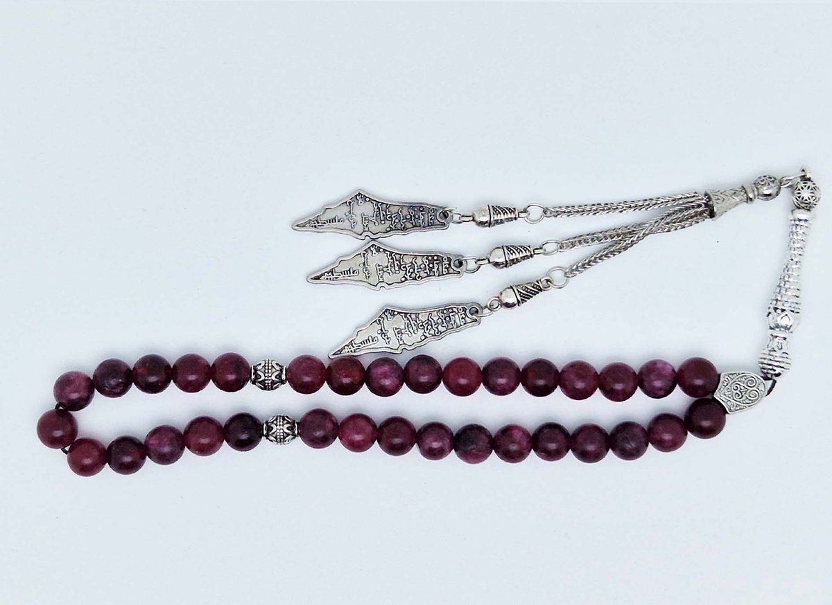 Handgemaakte tesbih klassiek - "Tasbih" natuursteen " Lepidolite " - Aantal kralen 33 - Diameter kralen 8 MM - met metaal tassel "Palestina" - Een mooi cadeau-idee