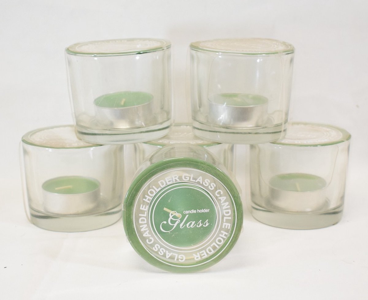 ZoeZo Design 6 stuks - waxinelichtjeshouder - zwaar glas - glas - groene rand - met theelichtjes - H8 x Ø8 cm - herbruikbaar helder glas - groen