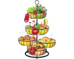 5 Tier Fruit Basket Bowl, Metal Wire Vegetable Holder Rack for Kitchen Counter, Large Capacity Countertop Produce Storage Organizer Stand for Snack Bread (Black)