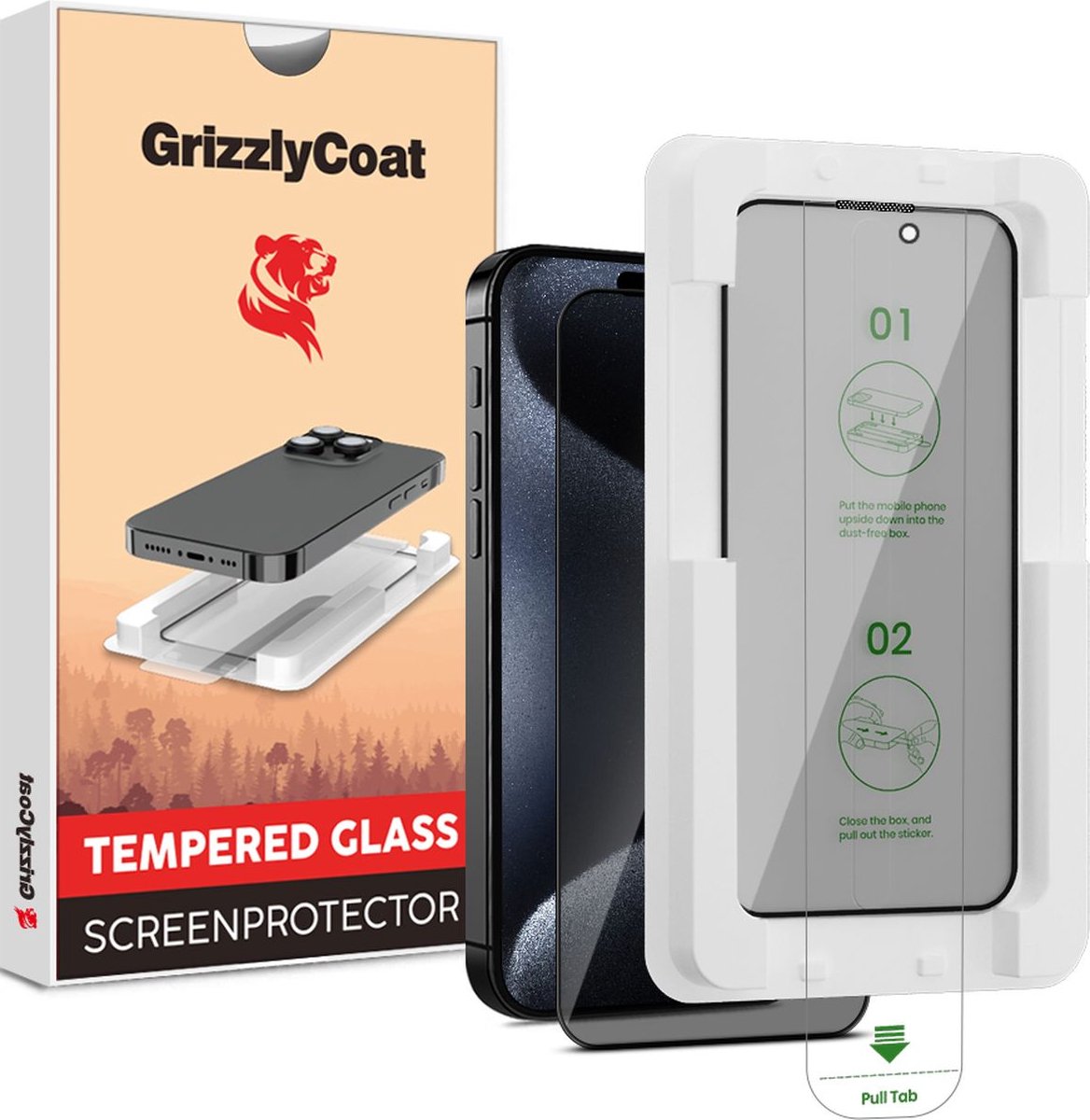 GrizzlyCoat Screenprotector geschikt voor Apple iPhone 15 Plus Glazen | GrizzlyCoat AlignPro AntiSpy Screenprotector Privacy - Case Friendly + Installatie Frame
