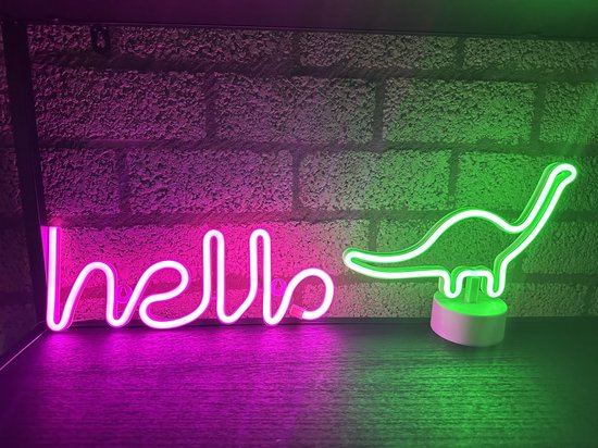 Applique et lampe de table LED avec néon - Set de 2 pièces - Hello & Dino - néon rose et vert - Fonctionne sur batterie et/ou USB - Applique - Lampe de table - Éclairage décoratif - Accessoires de maison