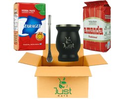 Yerba Mate Startersset Modern - 2x 500g, RVS Maté Thee Beker + Traditionele Bombilla - Kies uit 3 Smaken en 4 Kleuren (Tradicionale, Zwart)