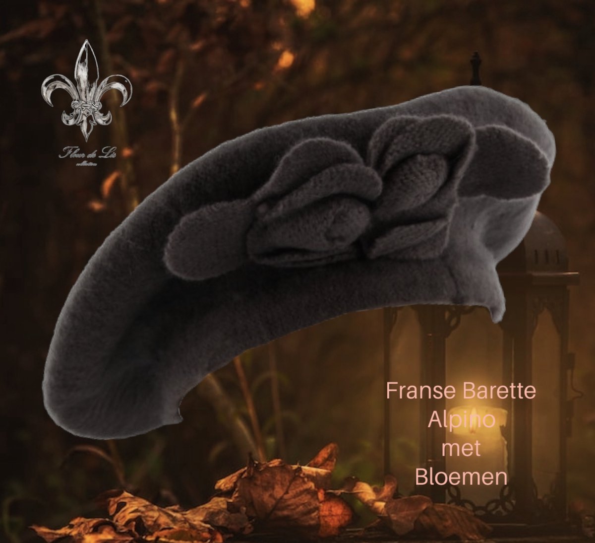 Fleur de Lis - Barette / Alpino pet met bloemen over dwars - Burgundy Bruin (grijs bruin - kleurkaart ral 8019) - Wool-blend - size M/ L - volwassenen jeugd - unisex - casual feest - herfst winter