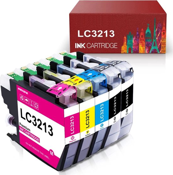 Set van 5 weCare LC3213 inktcartridges: zwart, cyaan, magenta en geel. Doos met skyline.