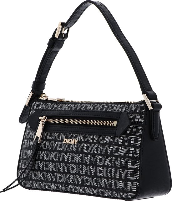 Zwarte DKNY tas met repetitief DKNY logo in grijs en goudkleurige ritsen.