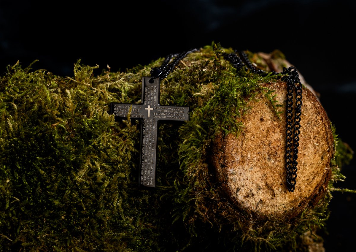 Donley Cubaanse Kruis Ketting Heren Zwart - Platte Zwarte Jezus Ketting - Holy Cross Schakelketting - Mannen Sieraden - Cadeau voor Mannen