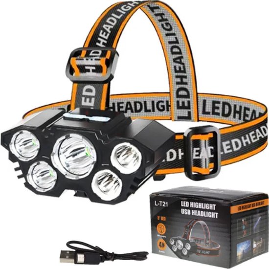 Lampe frontale – Batterie intégrée rechargeable par USB – 5 Phares puissants à LED – Lampe de poche super lumineuse montée sur la tête – Pêche de nuit rechargeable en Plein air