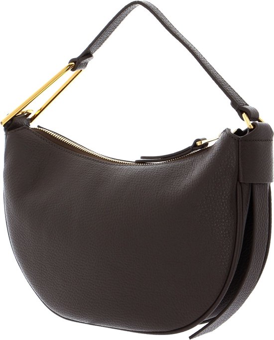 Sac bandoulière marron foncé en cuir grainé Coccinelle avec fermeture éclair et détails dorés.