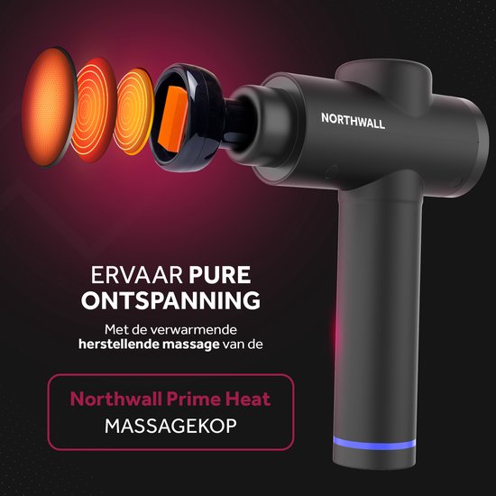 Zwarte massagepistool met verwarmde massagekop, met tekst 'Ervaar pure ontspanning'.