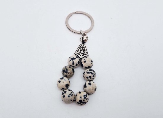 Porte-clés en pierre naturelle fait main "Jaspe Dalmatin" - 10 mm de diamètre du grain - Bel accessoire et décoration pour la voiture - Vaderdag - Cadeau fête des mères - Cadeau amis