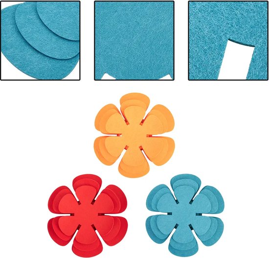 Drie bloemvormige panbeschermers in oranje, rood en blauw. Inzet toont details van blauwe panbeschermers.