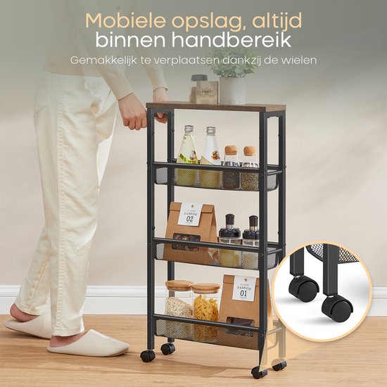 Relaxdays keukentrolley, serveerwagen 3 etages & manden, industrieel design, metaal & MDF, HBD 84x83x37 cm, wit/bruin