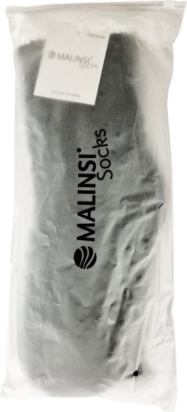 Zwarte Malinsi huissokken in een doorzichtige plastic verpakking met merklabel.
