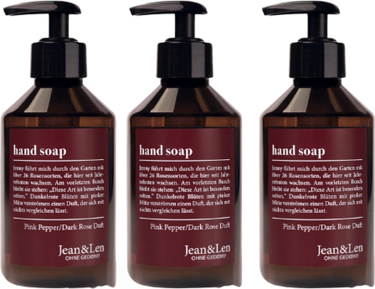 Goedkoopste Jean & Len Handzeep | 3x 250 ml Vloeibare zeep | Pink Pepper & Dark Rose | VOORDEELVERPAKKING - 3 stuks Luxe Handzeep