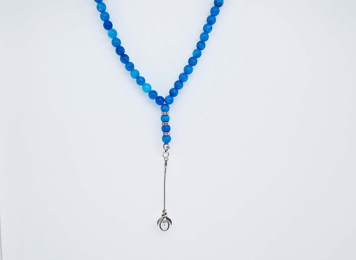 Handgemaakte Natuurstenen Autohanger " Blauwe Agaat"- Met Metaal hanger - 8 mm diameter van de korrel- Mooie accessoire en decoratie voor de auto