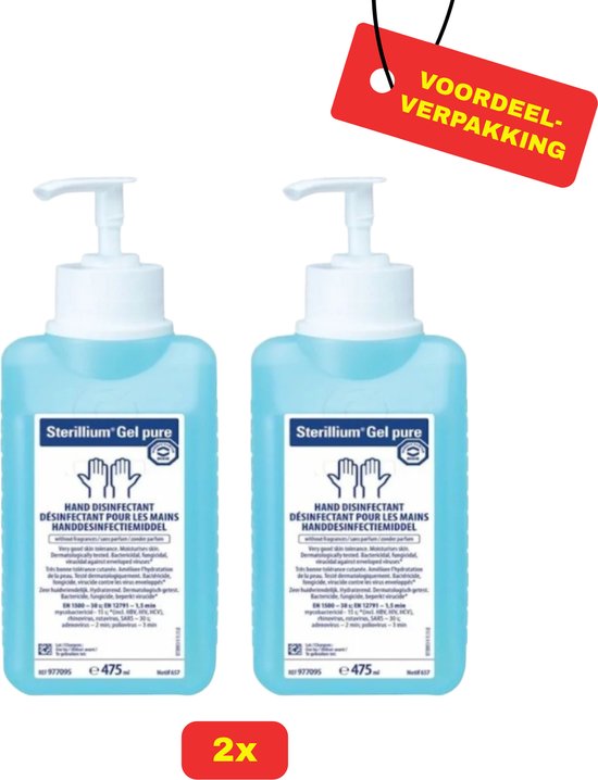 Twee flessen Sterillium Gel pure handdesinfectiemiddel van 475 ml met pompje, met "Voordeelverpakking" label.