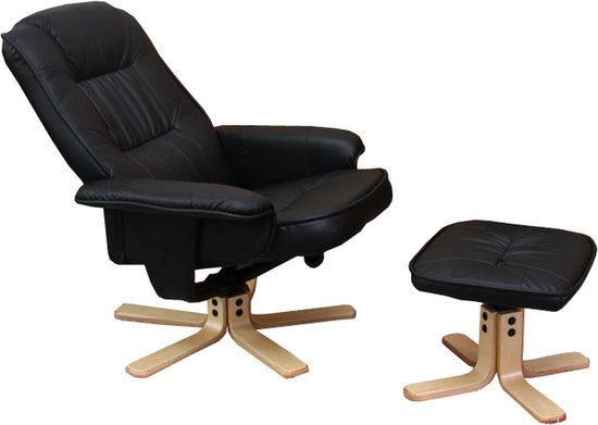 Cosmo Casa - Fauteuil Relax - Fauteuil TV avec Ottoman - Simili Cuir - Bois d'Eucalyptus - Zwart