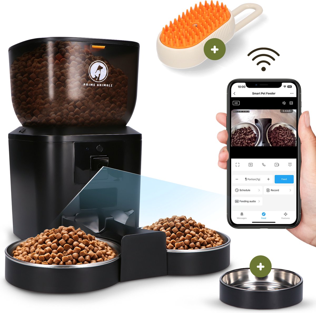 Afbeelding 2 van Prime AnimalZ Automatische Voerbak Dubbel met stoomborstel voor kat en hond - Voerautomaat Dispenser - voerbak kat Enkel en dubbel - met Camera - Full HD 1080P Camera met night vision - Two-way Audio - 4L- Zwart