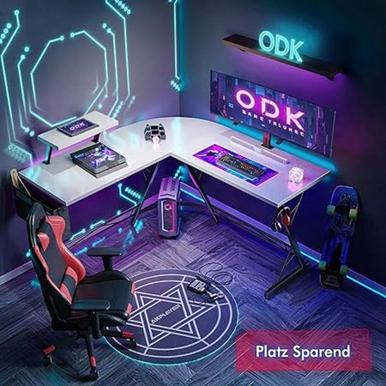 ODK Gaming Bureau, L-Vormige Gaming Bureau met LED en Stopcontacten, Gaming Hoekbureau Carbon Fiber Zwart 130×90 cm