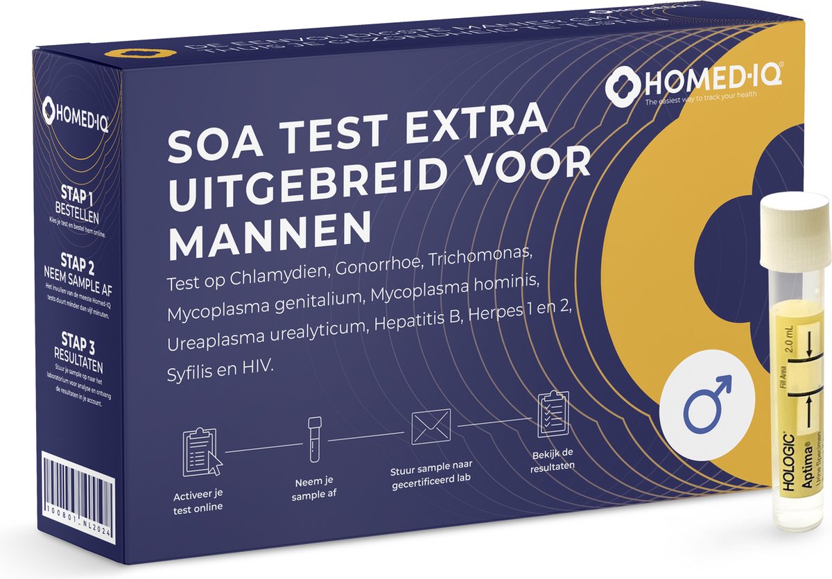 Goedkoopste Homed-IQ - SOA Test Extra Uitgebreid Mannen - Thuistest - Test op HIV (I, II, P24 antigeen), Hepatitis B, Herpes I & II (HSV 1 & 2), Chlamydia, Gonorroe, Trichomoniasis, Syfilis.