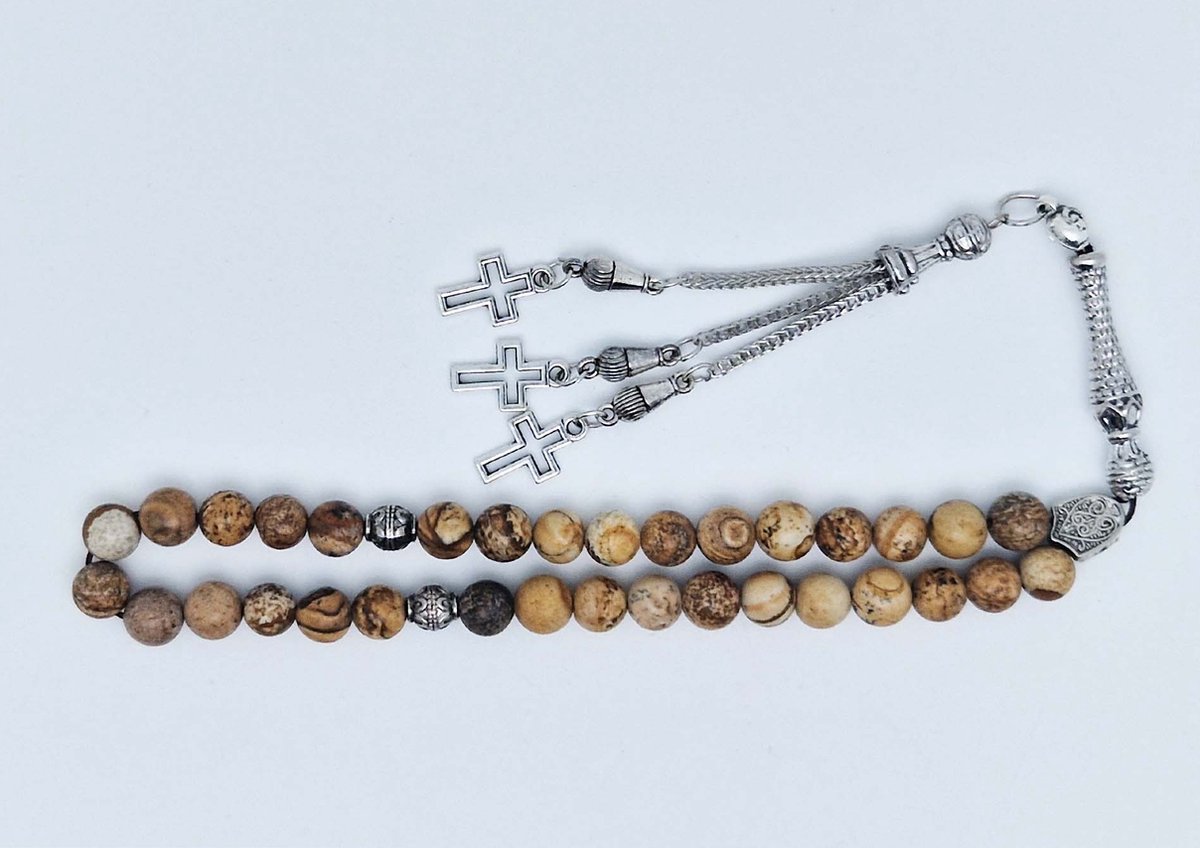 Handgemaakte tesbih klassiek - "Tasbih" natuursteen "Picture Jasper" - Aantal kralen 33 - Diameter kralen 8 MM - met metaal tassel "Kruis" - Een mooi cadeau-idee