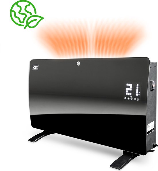 QLT Curved Verwarmingspaneel van Glas – Elektrische Kachel met App Bediening –Badkamer Verwarming met Thermostaat en Antivries – 2000 Watt - Zwart