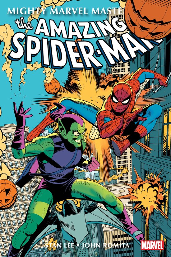 Spider-Man vecht met de Green Goblin in een stad, met pompoenen en explosies. Tekst: MIGHTY MARVEL MASTERWORKS THE AMAZING SPIDER-MAN.