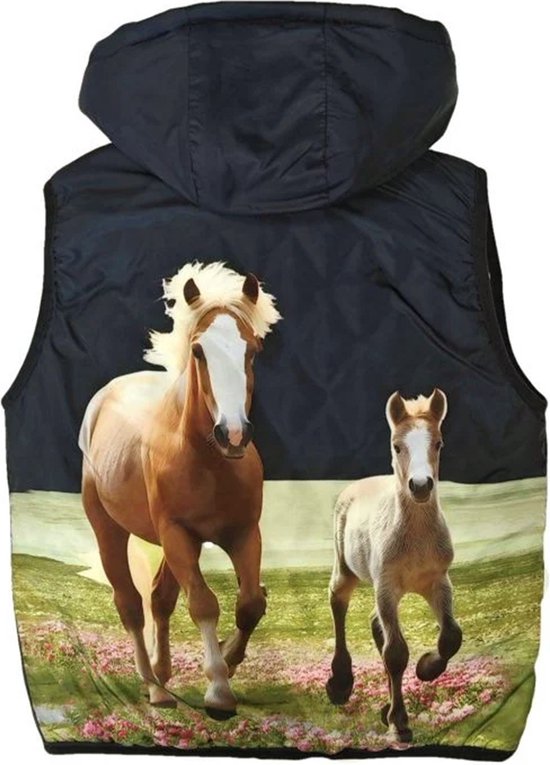 Bodywarmer kind met paarden horses veulen zwart capuchon maat 98/104 vest full color print Heel mooi!