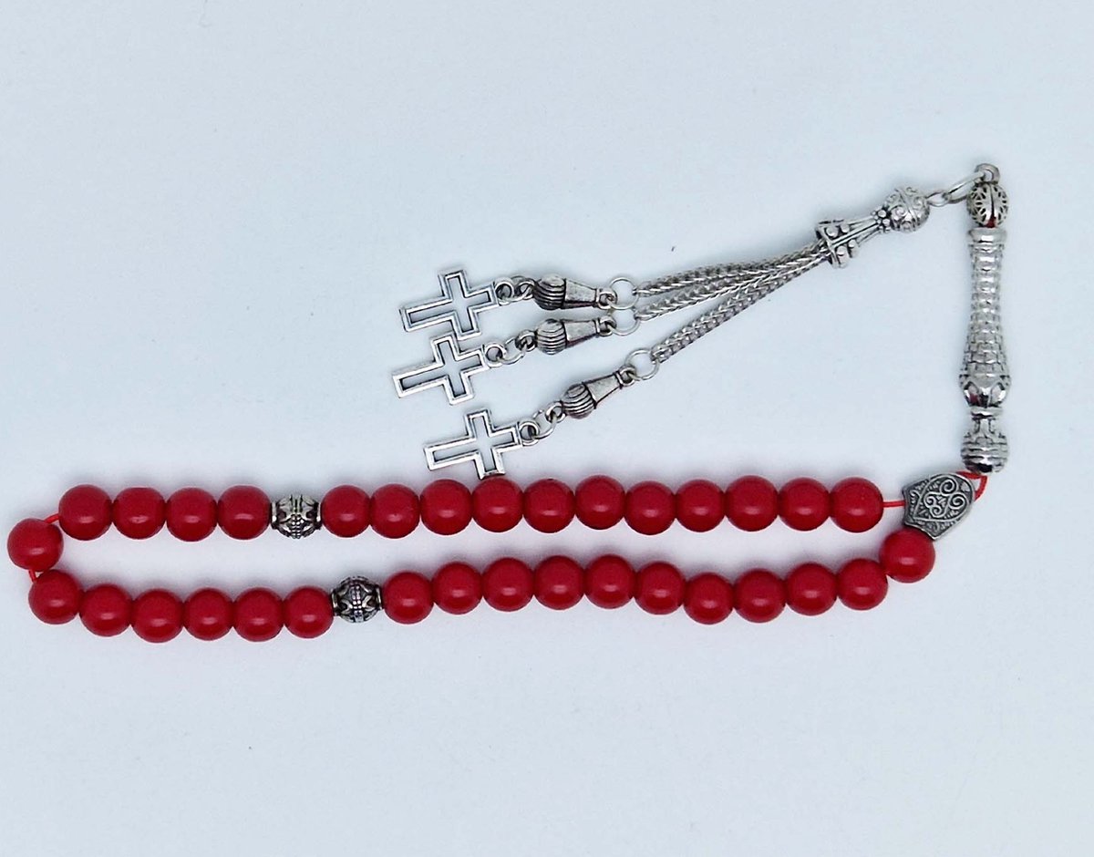 Handgemaakte tesbih klassiek - "Tasbih" natuursteen "Bloedkoraal" - Aantal kralen 33 - Diameter kralen 8 MM - met metaal tassel "Kruis" - Een mooi cadeau-idee