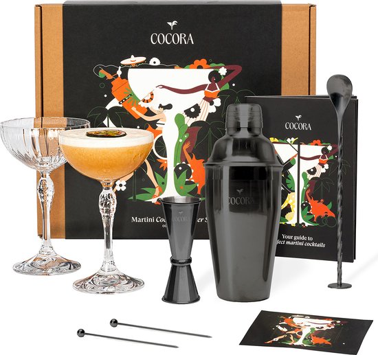 Foto: Cocora martini geschenkset 8 delige rvs cocktail set cocktail shaker cocktail maatbeker martini glazen cocktail boek met o a pornstar espresso martini recept zwart