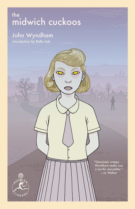 Illustration de livre 'The Midwich Cuckoos' par John Wyndham. Une fille aux cheveux blonds et aux yeux jaunes se tient devant un village.