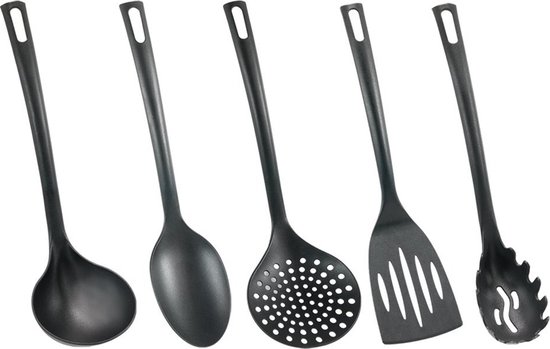 Metaltex Set de Spatules et Ustensiles de Cuisine – 5 Pièces – Nylon Résistant – Compatible Lave-Vaisselle – Noir