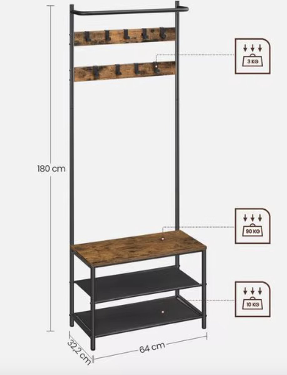 J&R Kapstok - Kledingrek - Schoenenrek - Stang - Haken - Industrieel - Hout en metaal - Bruin/Zwart