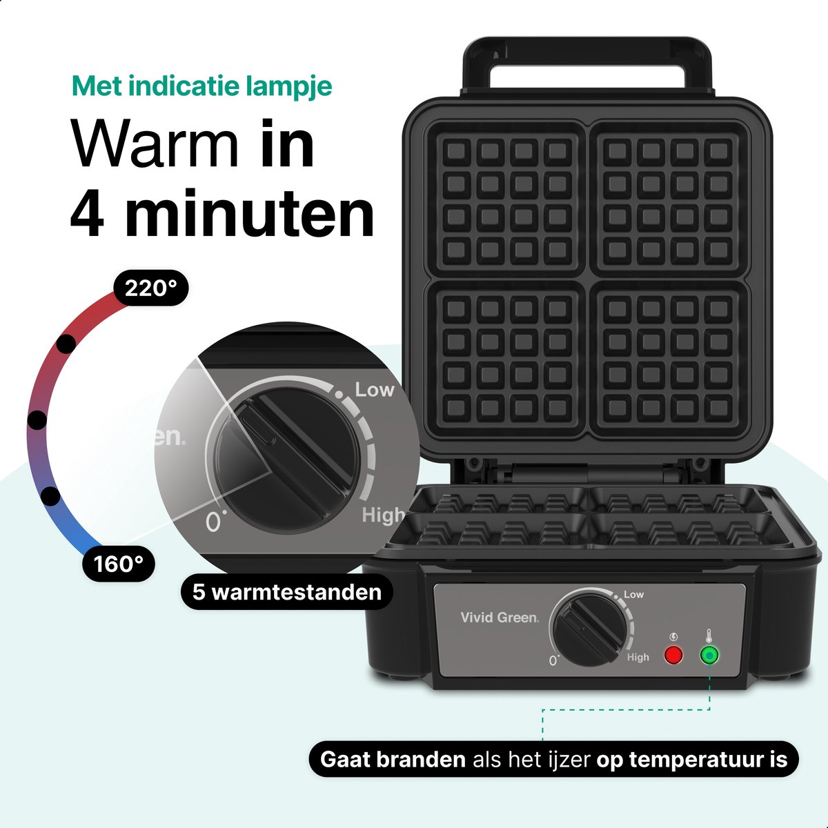 Vivid Green Wafelijzer voor 4 Wafels - Wafelmaker - Antiaanbaklaag