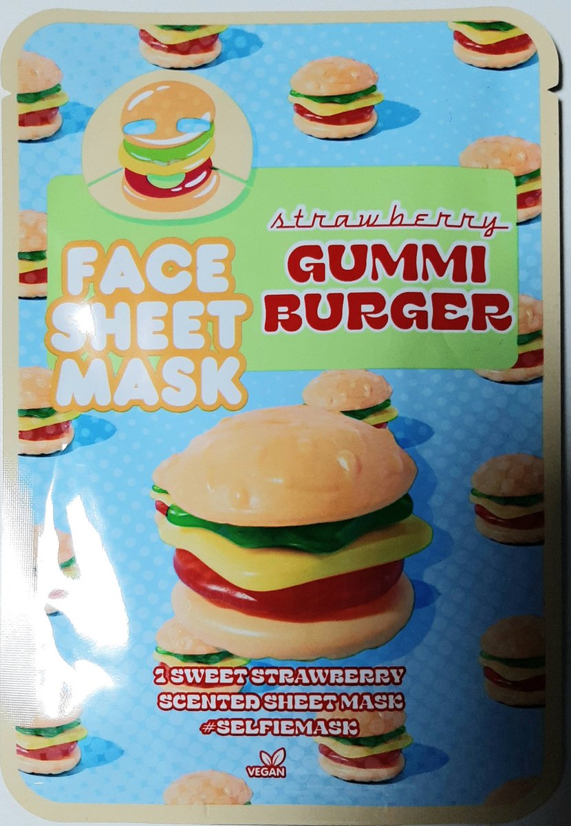 Goedkoopste Vegan sheet mask gummi burger - strawberry - gezichtsmasker hamburger snoepje - selfie masker - geurend aardbei - selfiemask