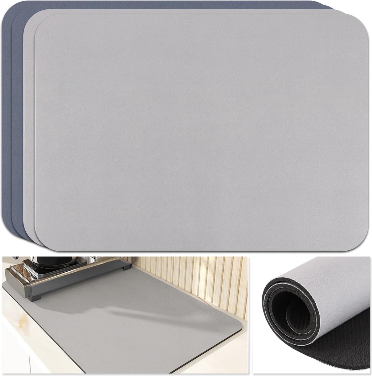 Goedkoopste Goodivery ® Afdruipmatten Set van 4 voor Keukenwerkbladen en Koffiezetapparaten, Synthetisch Katoen, Grijs