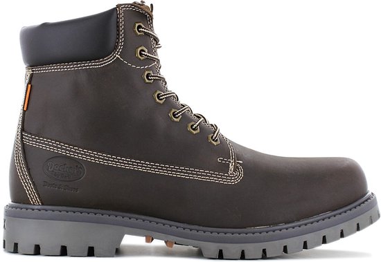 Botte en cuir marron foncé à lacets, coutures blanches et semelle gris foncé.