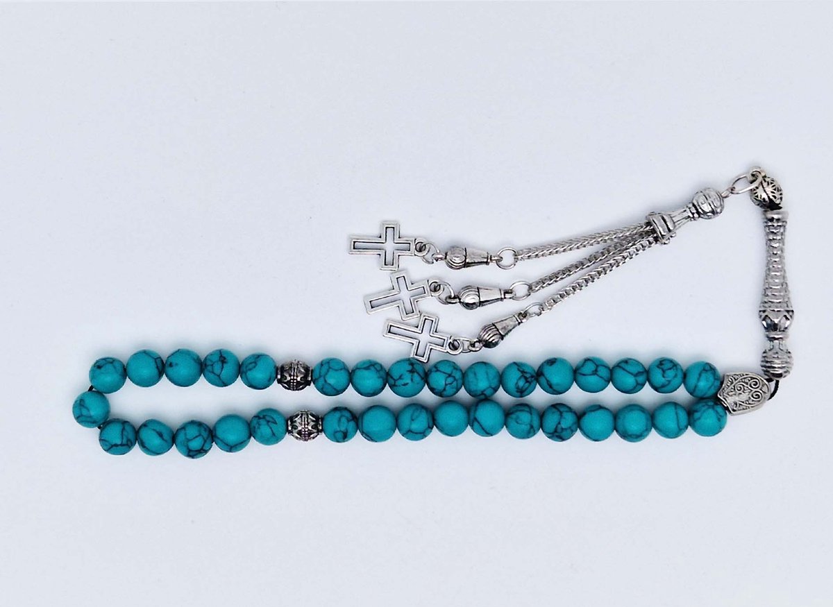 Handgemaakte tesbih klassiek - "Tasbih" natuursteen "Howliet groen" - Aantal kralen 33 - Diameter kralen 8 MM - met metaal tassel "Kruis" - Een mooi cadeau-idee