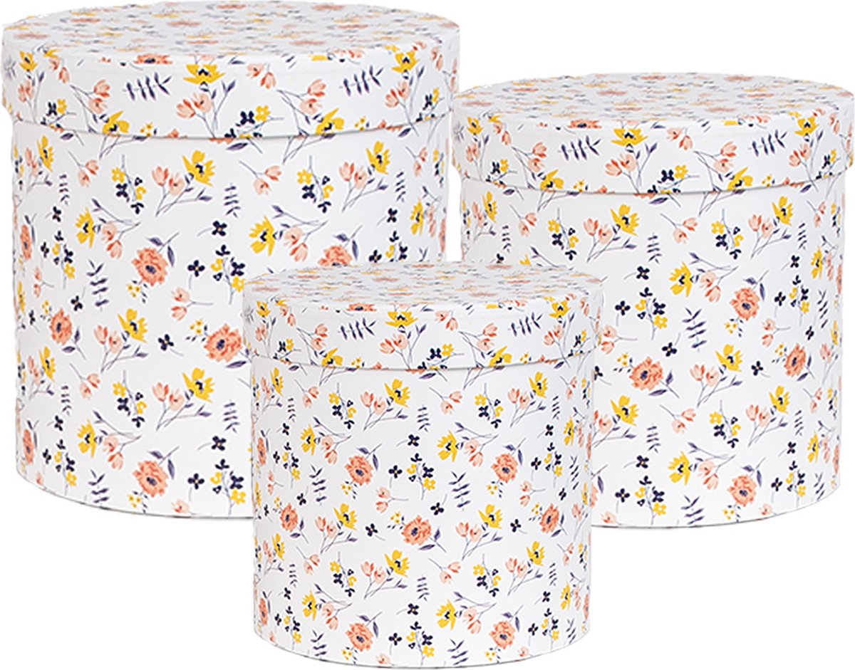 Clayre & Eef Opbergdoos Set van 3 Ø 19x19 / Ø 17x17 / Ø 15x15 cm Wit Karton Bloemen